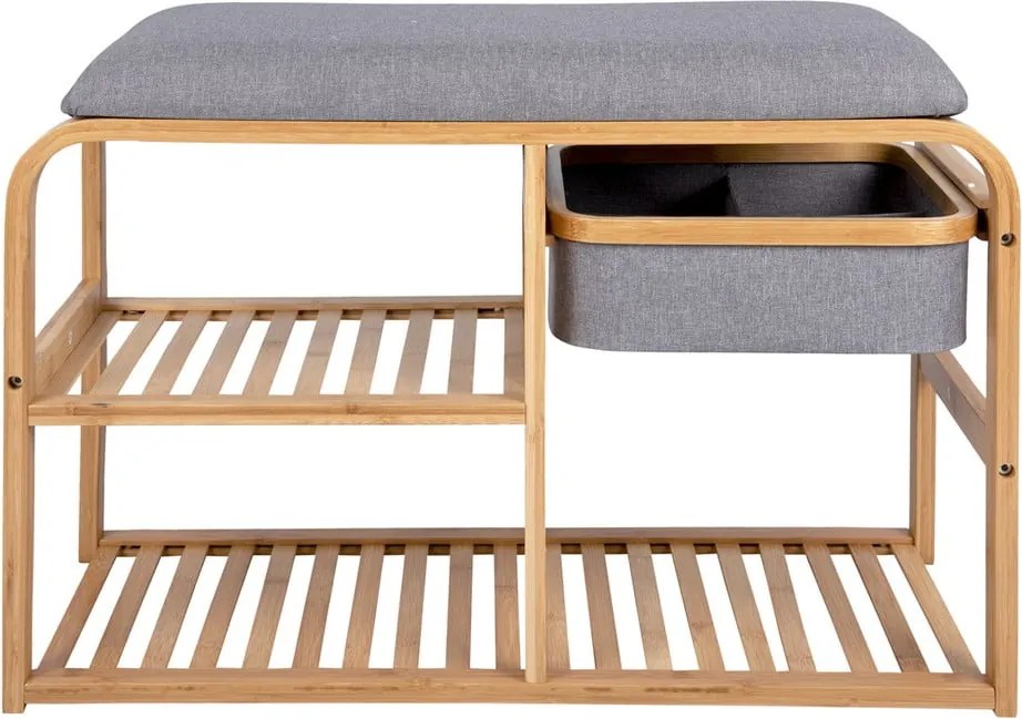 Bambusový polica na topánky so sivým polstrovaním Leitmotiv Bench, šírka 70 cm