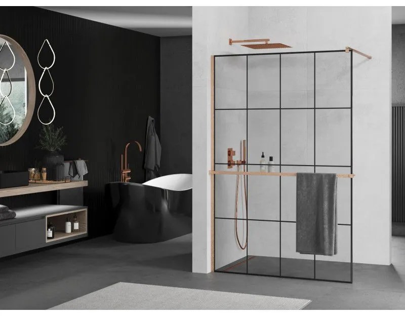Mexen Kioto+, sprchová zástena Walk-In s poličkou a vešiakom 140 x 200 cm, 8mm číre sklo čierny vzor, medený matný profil, 800-140-121-65-77