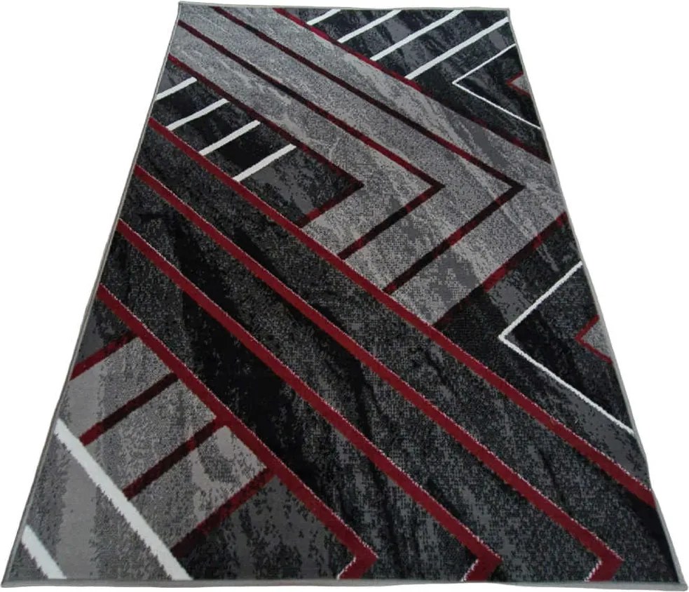 HU Sivý geometrický obdĺžnikový koberec NEW IDEA 90301-0564 s červenými čiarami Rozmer: 60x110 cm