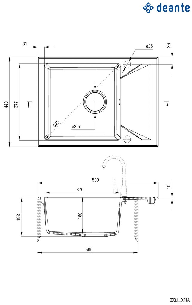 Deante Evora, granitový drez na dosku 590x440x193 mm Z/KO, 3,5" + priestorovo úsporný sifón, 1-komorový, čierna, ZQJ_N11A