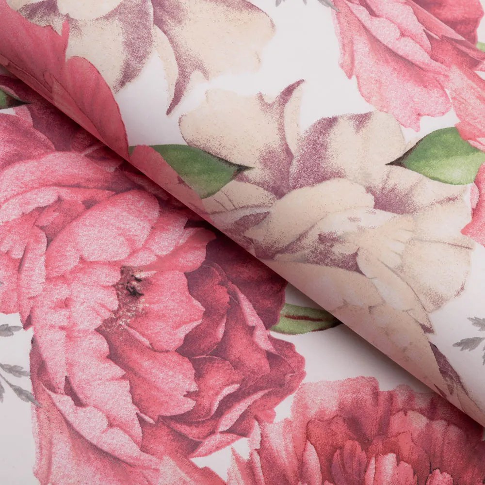 Biante Bavlnený behúň na stôl Sandra SA-746 Veľké ružovo-béžové pivonky na bielom 45x120 cm