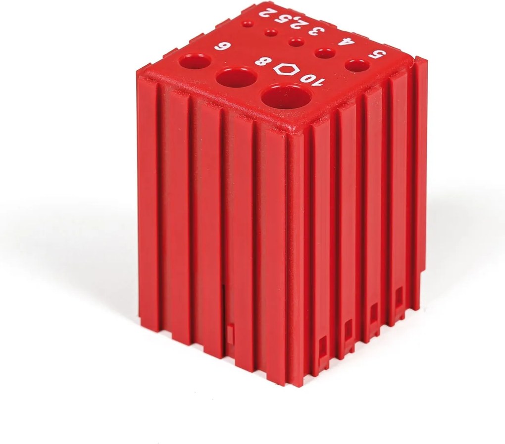 Plastový box na ukladanie šesťhranných kľúčov 2–10 mm, modul 5x5, 8 dutín, červená