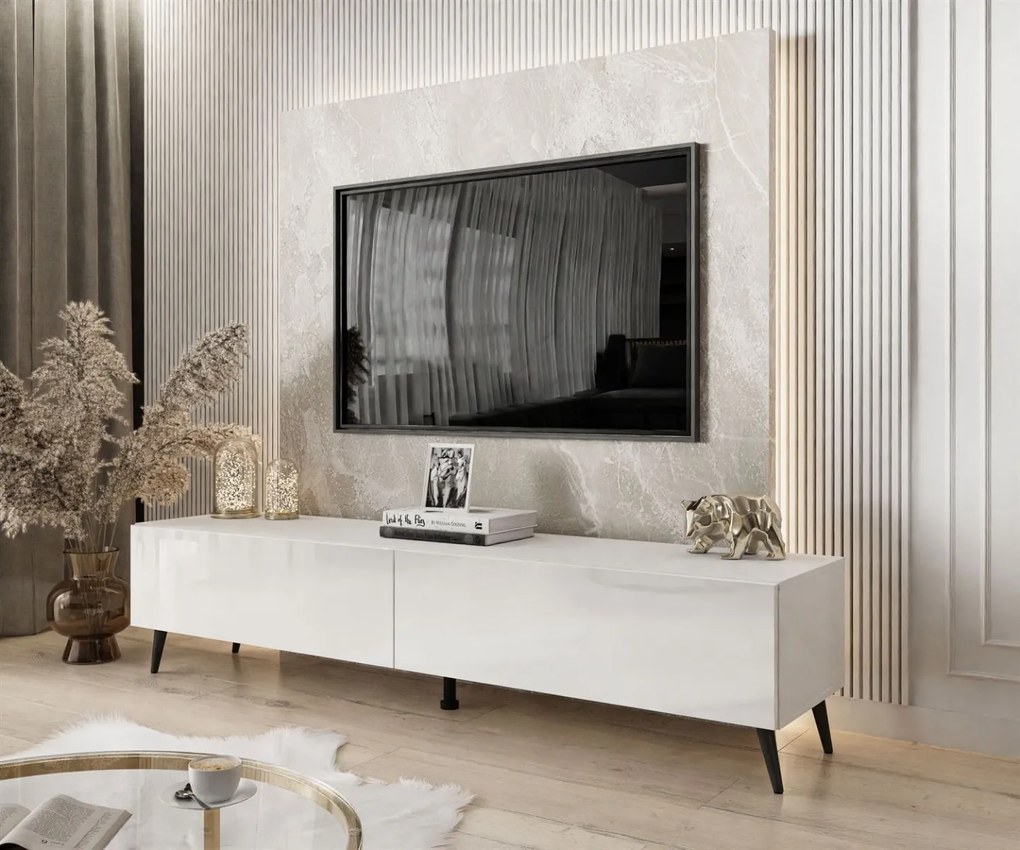 TV STOLÍK ELEGANTE 3 BIELY VYSOKÝ LESK + ČIERNE NOŽIČKY 175 cm