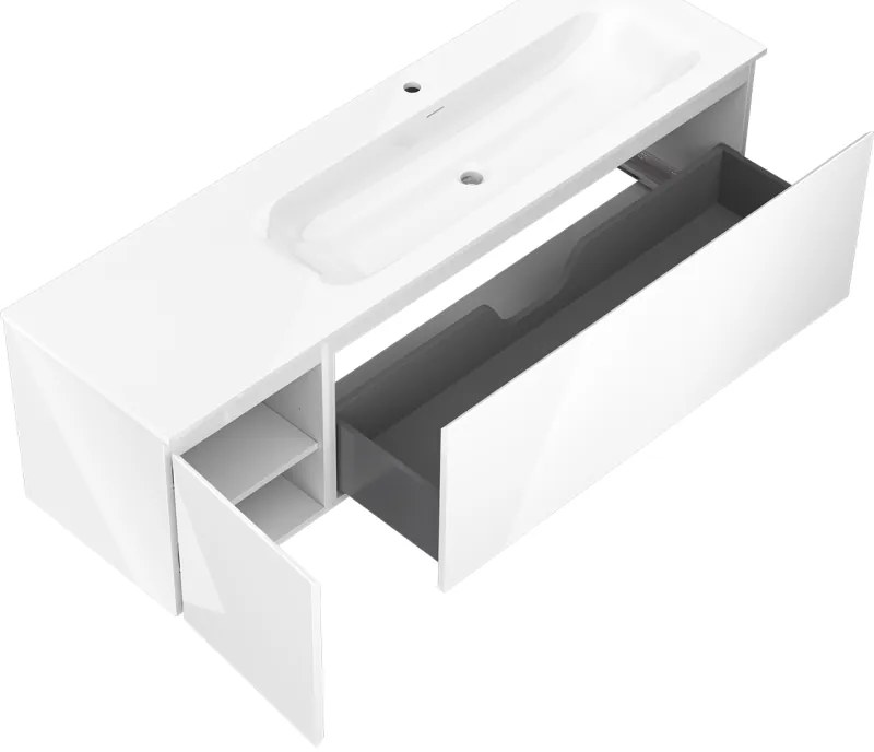 Mexen Orio, kúpeľňová skrinka 160 cm s pravým umývadlom Vela, 1S, 1D, biela lesklá, 91A13-16047-3-BBFF00-W23P00