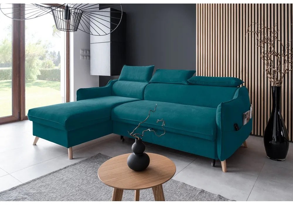 Tyrkysová zamatová rozkladacia rohová pohovka (ľavý roh) Sweet Harmony – Miuform