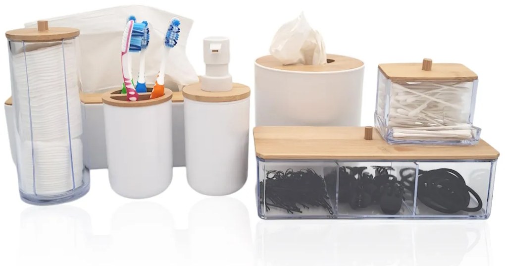 Sada 7 organizérů do koupelny WHITNEY, bílý plast/bambus