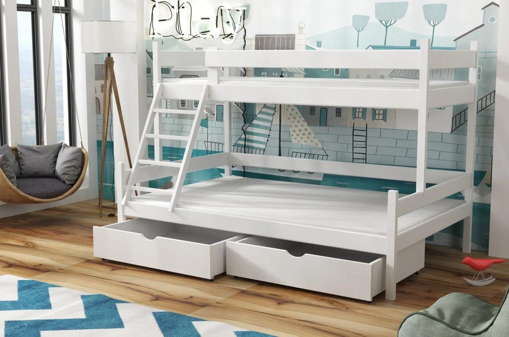 Detská poschodová posteľ z masívu borovice s rozšíreným spodným lôžkom NEVADA so šuplíkmi - 200x90/140 cm - BIELA