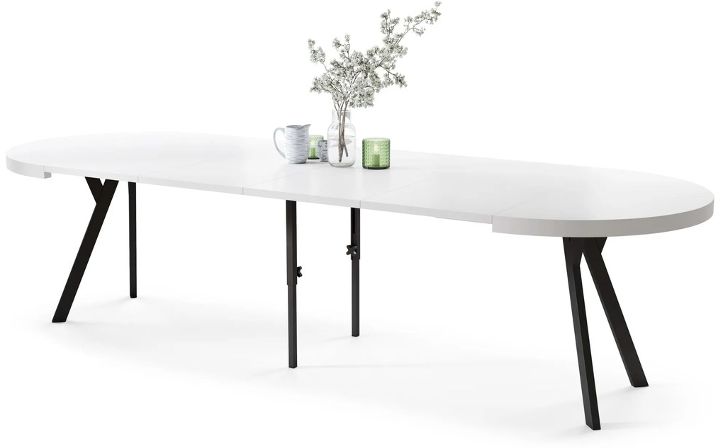 EXPANSO Biely mat / čierne nohy - VEĽKÝ OKRÚHLY STÔL Ø110 ROZKLADACÍ AŽ DO 310 cm S NOHAMI Y LOFTOVÝ / INDUSTRIÁLNY