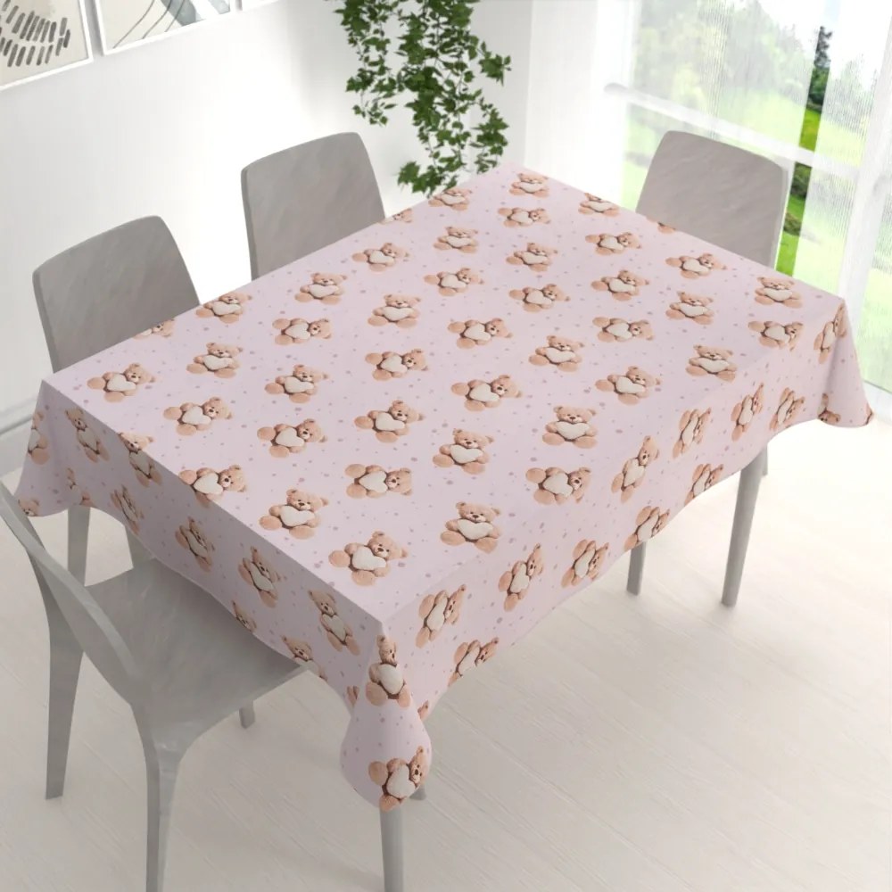 Biante Detský bavlnený obdĺžnikový obrus Sandra SA-723 Medvedíky so srdiečkami na fialkovom 50x100 cm