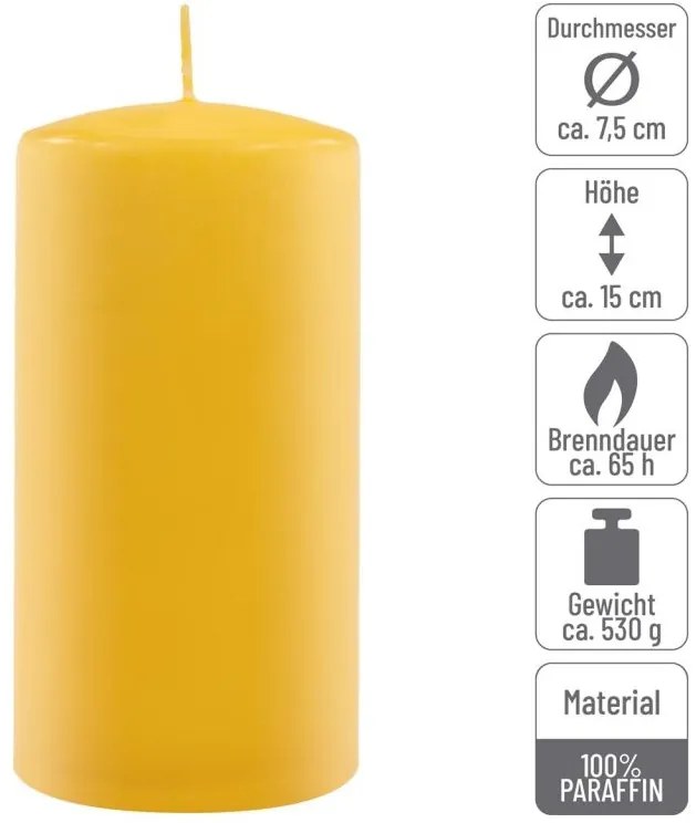 Sada stĺpových sviečok, 15 cm, Ø 7,5 cm, žltá, 4 ks