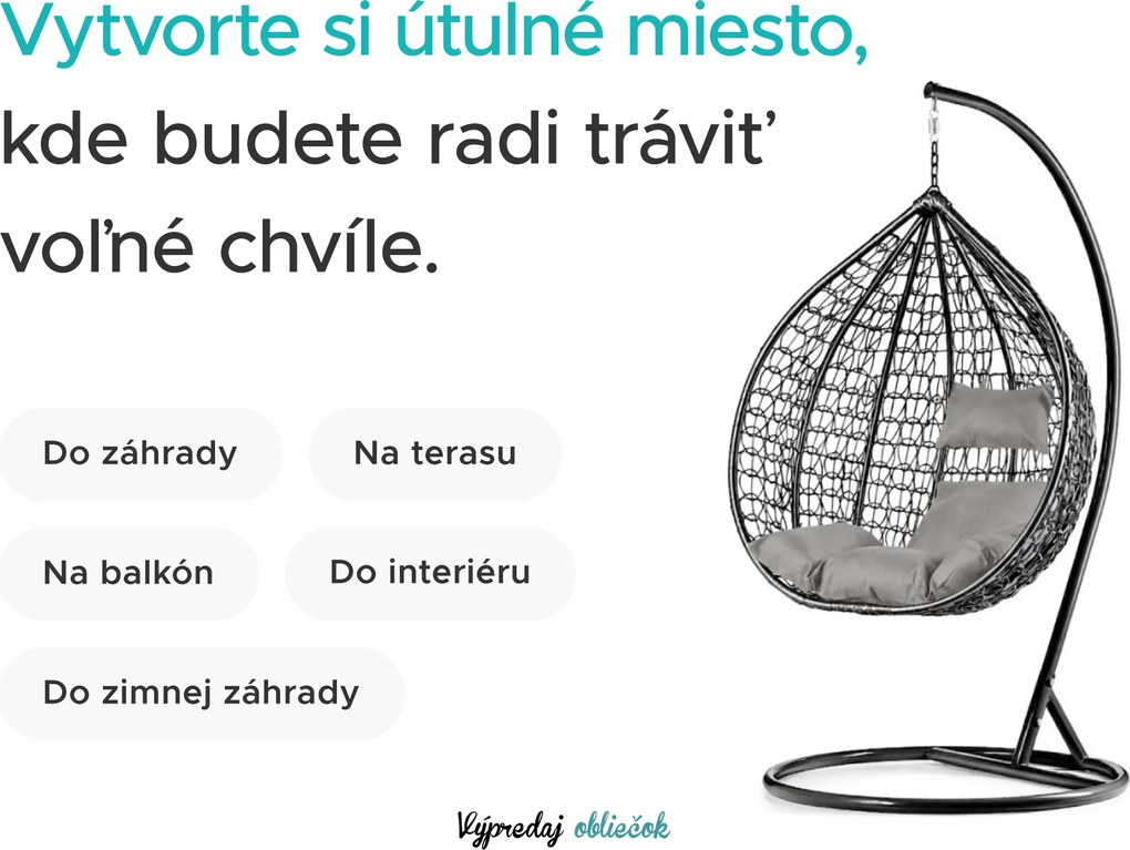 Biele závesné kreslo KOKON so stojanom, zeleno-biely vankúš