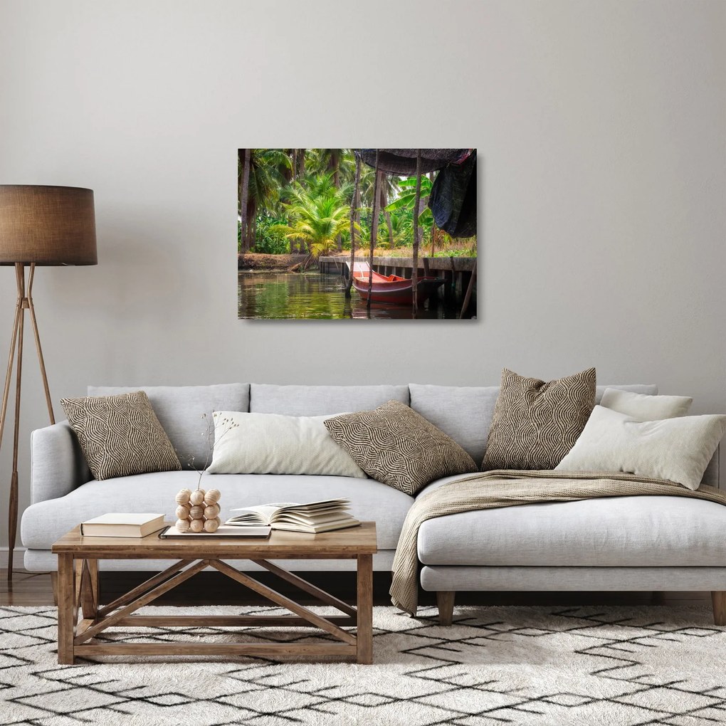 Sklenený obraz - Drevená loď na kanáli, Thajsko (70x50 cm)