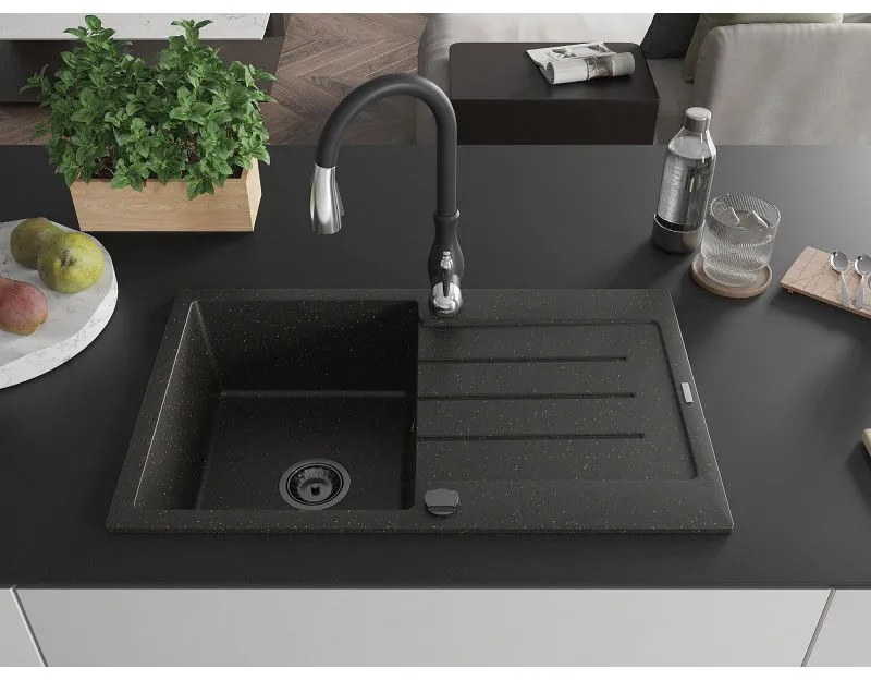 Mexen Bruno, 1-komorový granitový drez 795x495x200 mm a drezová batéria Savita, čierna-zlatá metalíza, 6513-75-672601-70-B
