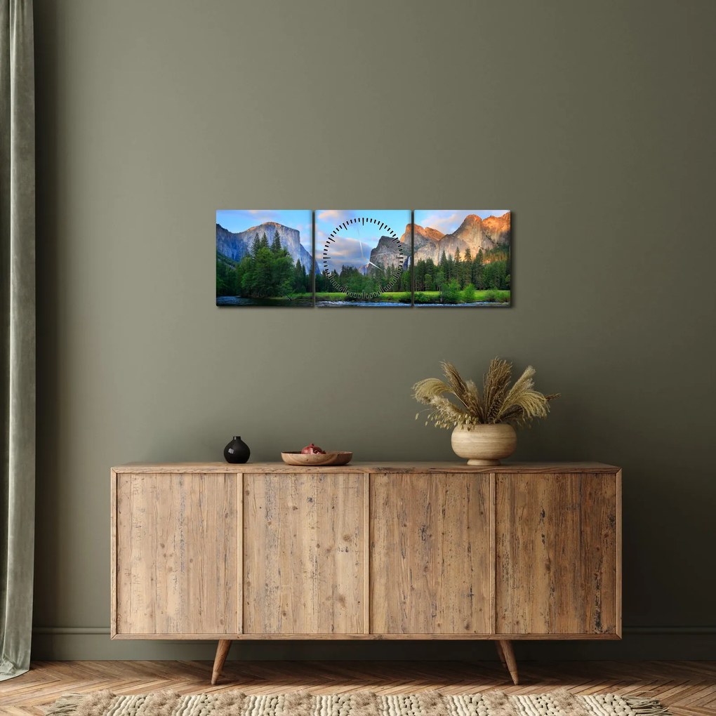Obraz divokej horskej krajiny (s hodinami) (90x30 cm)