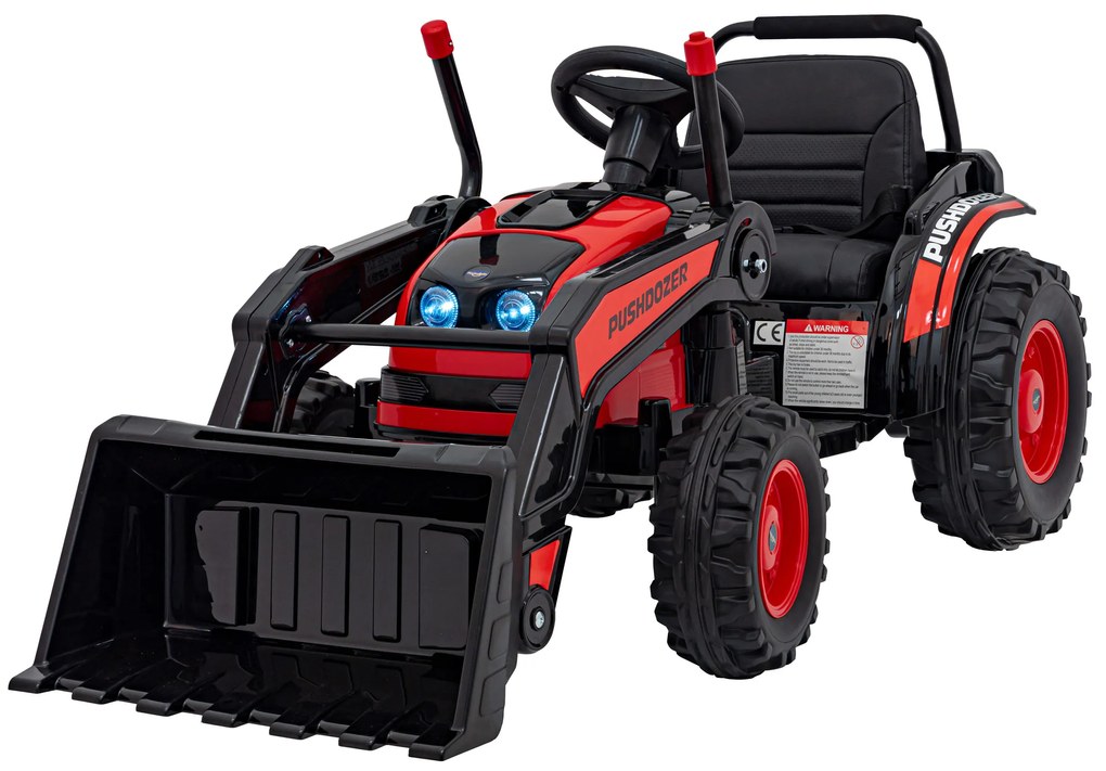 Červený detský elektrický traktorový bager 12V s diaľkovým ovládaním, pohyblivým ramenom a FM rádiom