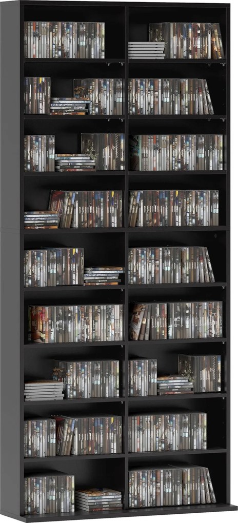 HOMCOM Moderný Regál na CD s 18 Policami pre 640 CD, Regál na CD z Drevotriesky, 78,5x24x175 cm, Čierny | Aosom