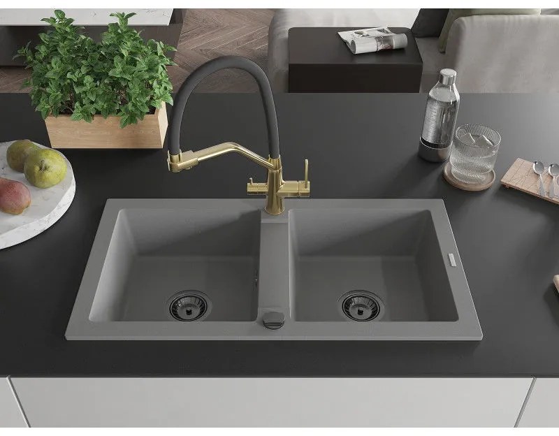 Mexen Mario, granitový drez 820x436x161 mm, 2-komorový a drezová batéria Duo, šedá, 6504-71-671701-57-B