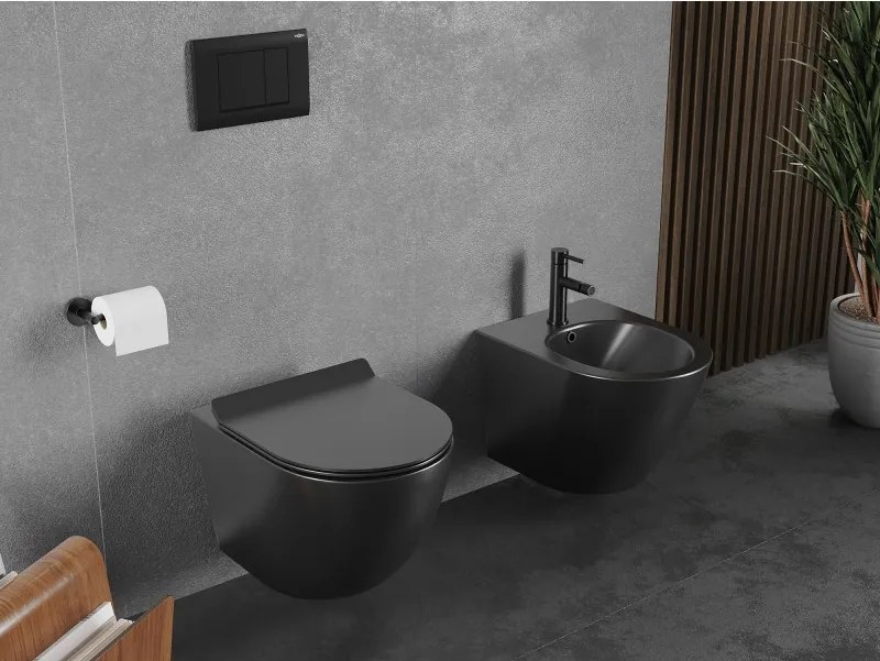 Mexen Lena, závesná WC misa 490x360x340 mm, Rimless Tornádo + WC sedadlo z duroplastu, čierna matná, 30220185T