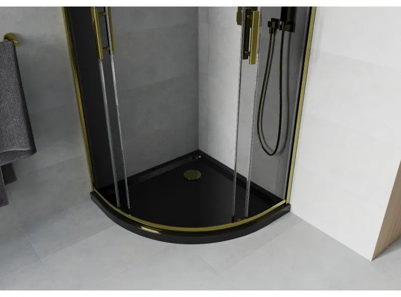 Mexen Rio, štvrťkruhový sprchovací kút s posuvnými dverami 80(dvere) x 80(dvere) x 190 cm, 6mm šedé sklo, zlatý profil + čierna sprchová vanička SLIM, 863-080-080-50-40-4170G