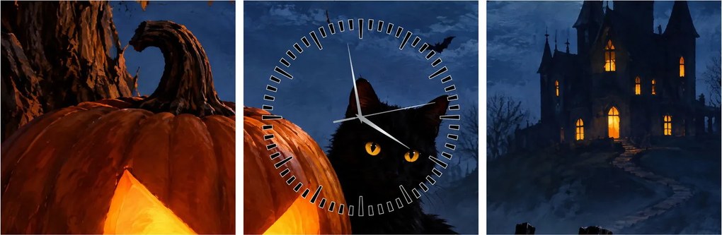 Obraz - Čierna mačka pri svietiacej tekvici na Halloween (s hodinami) (90x30 cm)