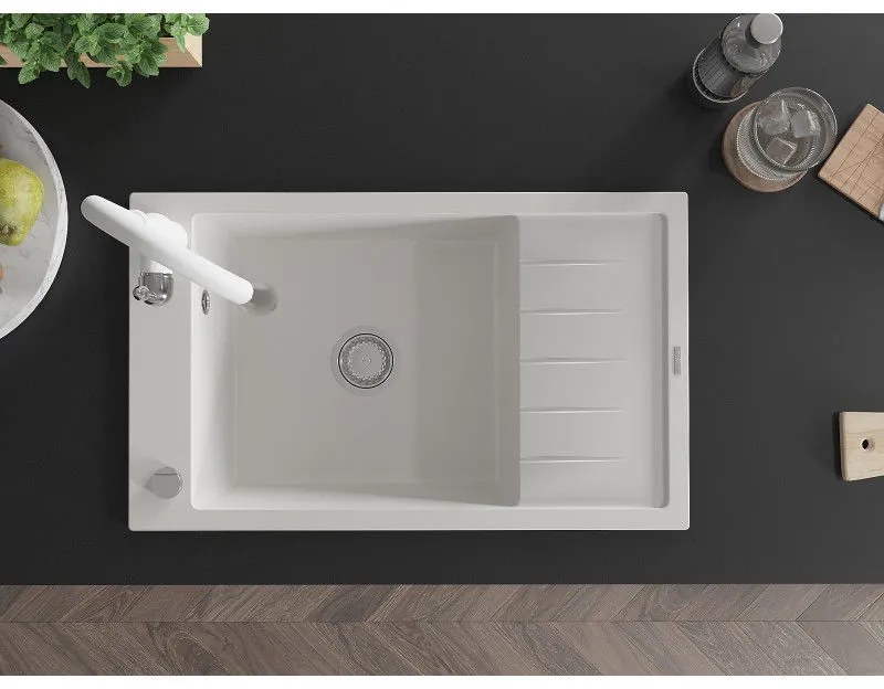 Mexen Elias, 1-komorový granitový drez 795x480x200 mm a drezová batéria Savita, biela, 6511-20-672601-20