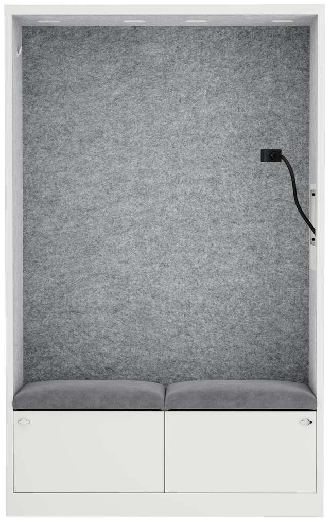 Kancelárska akustická kabína so sedadlom a portom USB-C, telo v biely / sedák sivá v zelenej farbe, 1150 mm: SALLY MentalBox