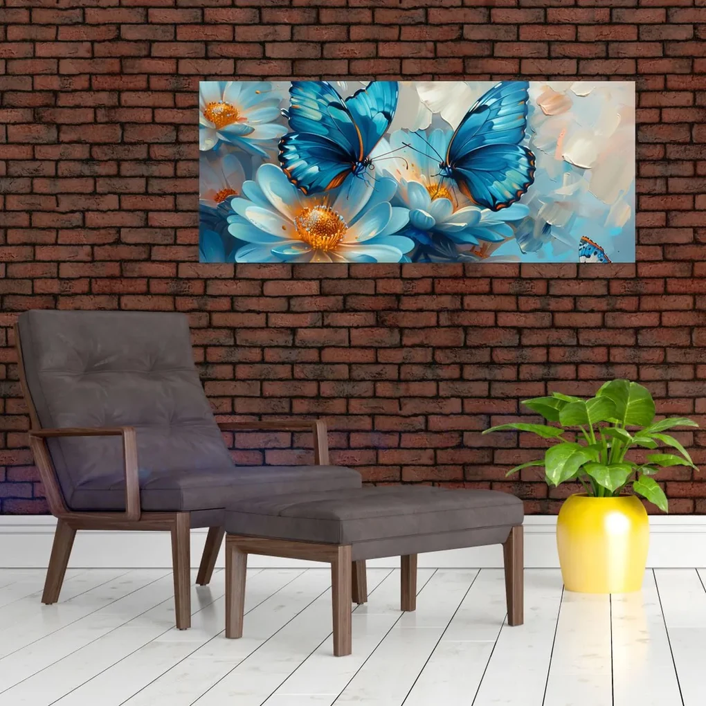 Obraz - Modrí motýle (120x50 cm)