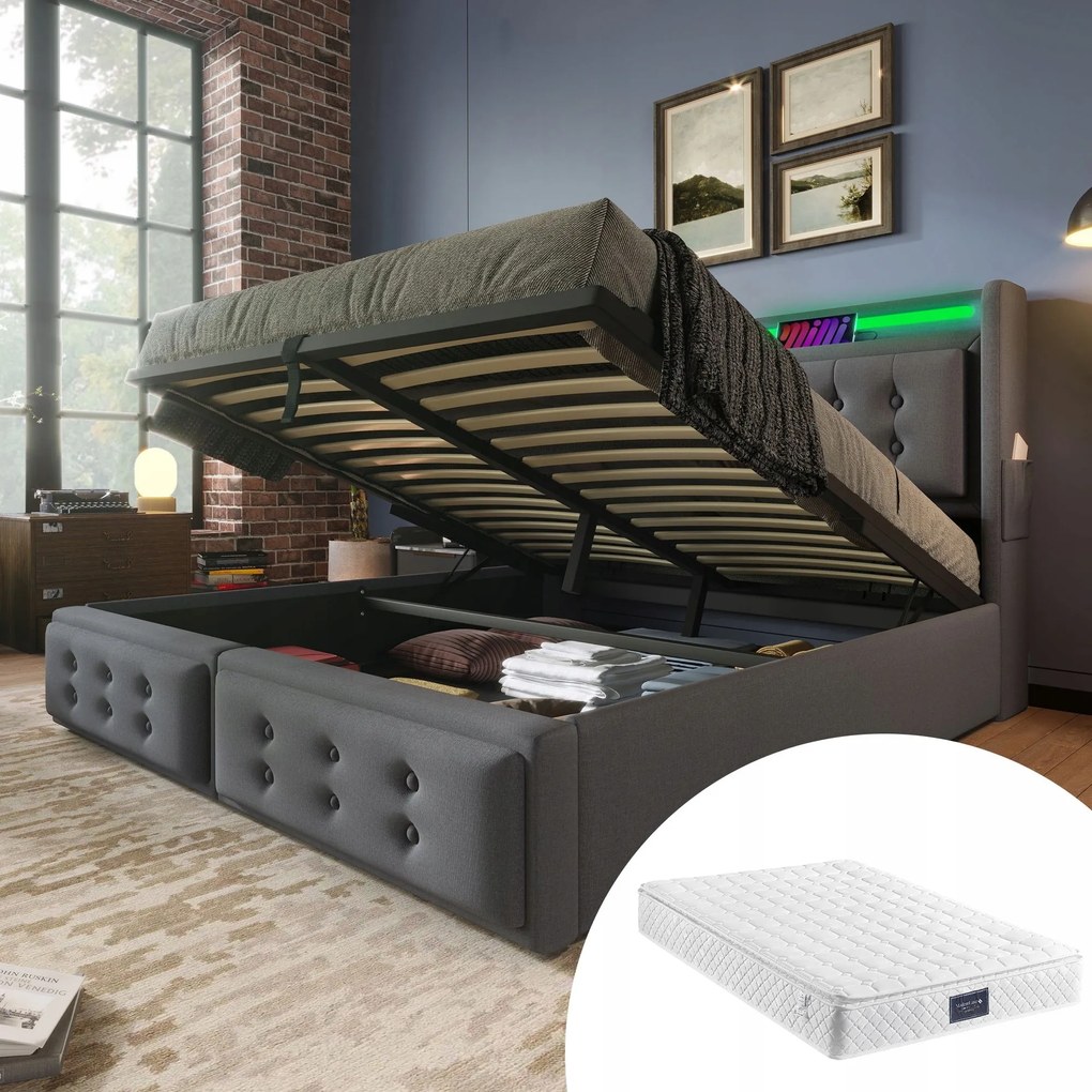 Čalúnená dvojlôžková hydraulická posteľ Usb-c Led 140x200, šedá matrac