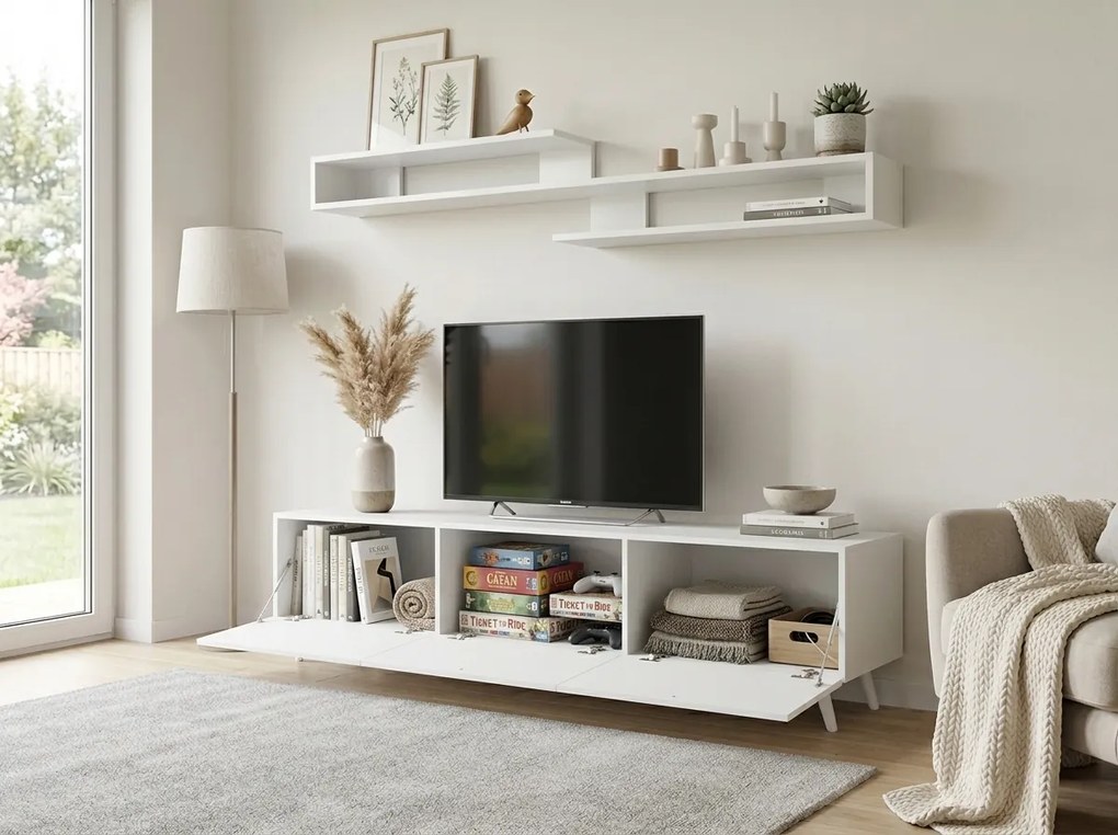 TV stolík MIYA 150 cm s nástennou policou, biely