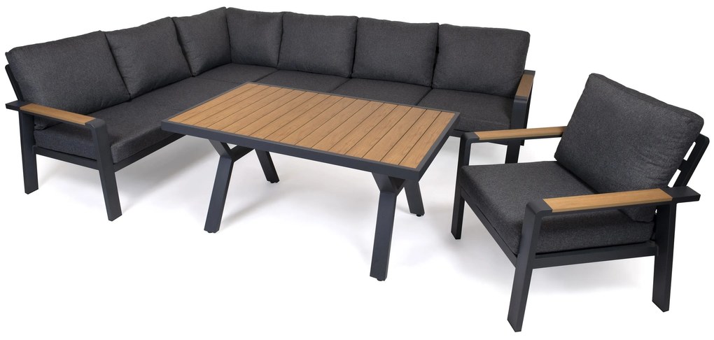 Rohová jedálenská súprava EMOT WPC s kreslom a s tmavými poduškami