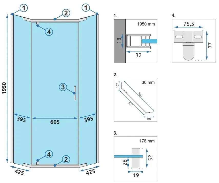 Rea Axin, sprchovací kút 90x90x195 cm + biela sprchová vanička Diamond, KPL-K8779