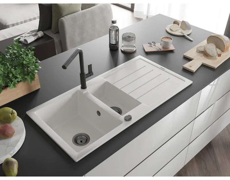 Mexen Andres, 1,5-komorový granitový drez 1000x500x200 mm a drezová batéria Flora, biela, 6515-20-670401-70-B