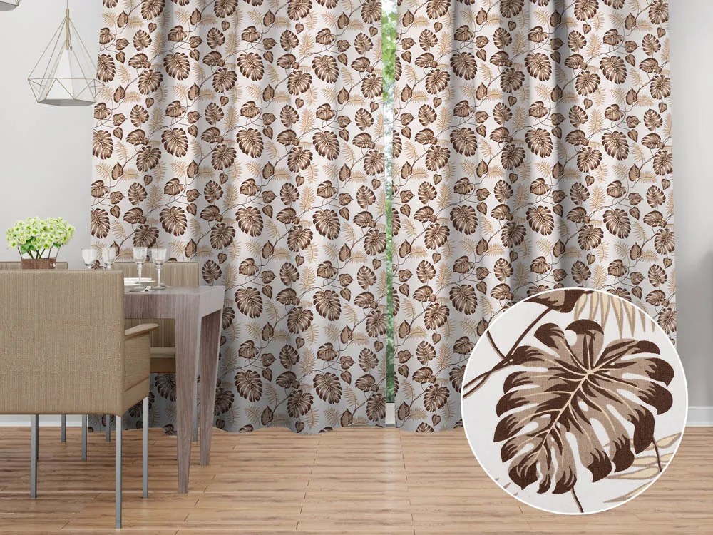 Biante Bavlnený záves Sandra SA-498 Hnedé listy monstery na bielom 150x140 cm