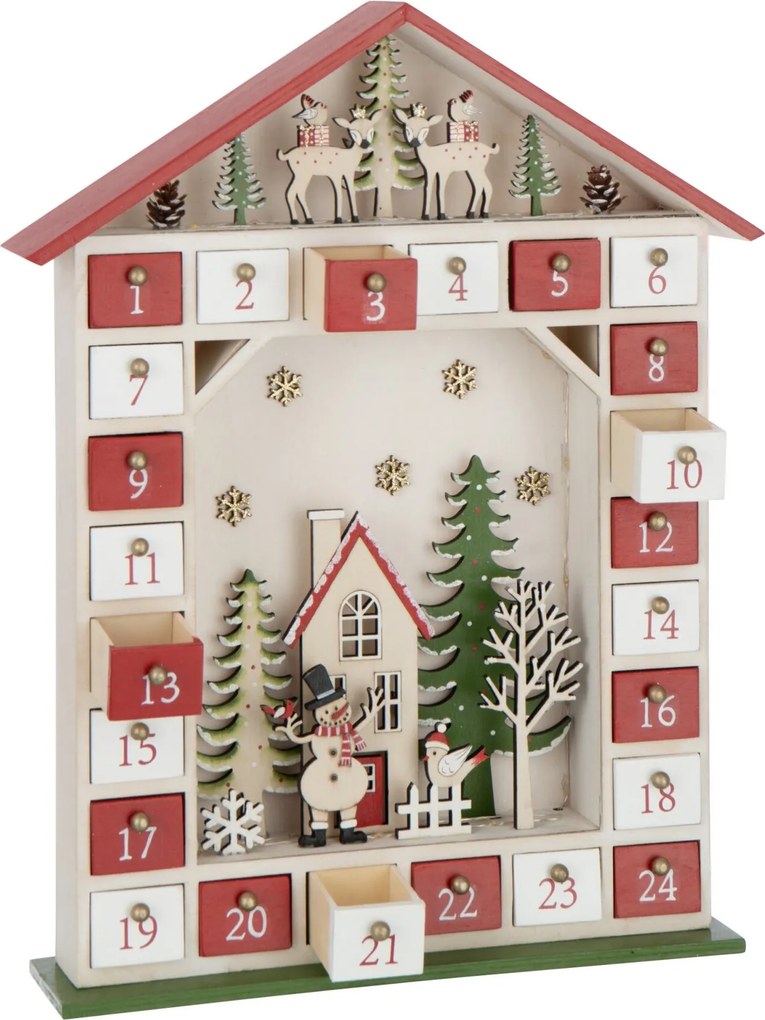 Vianočný adventný kalendár House LED červený/biely J-line – 31*7*40 cm