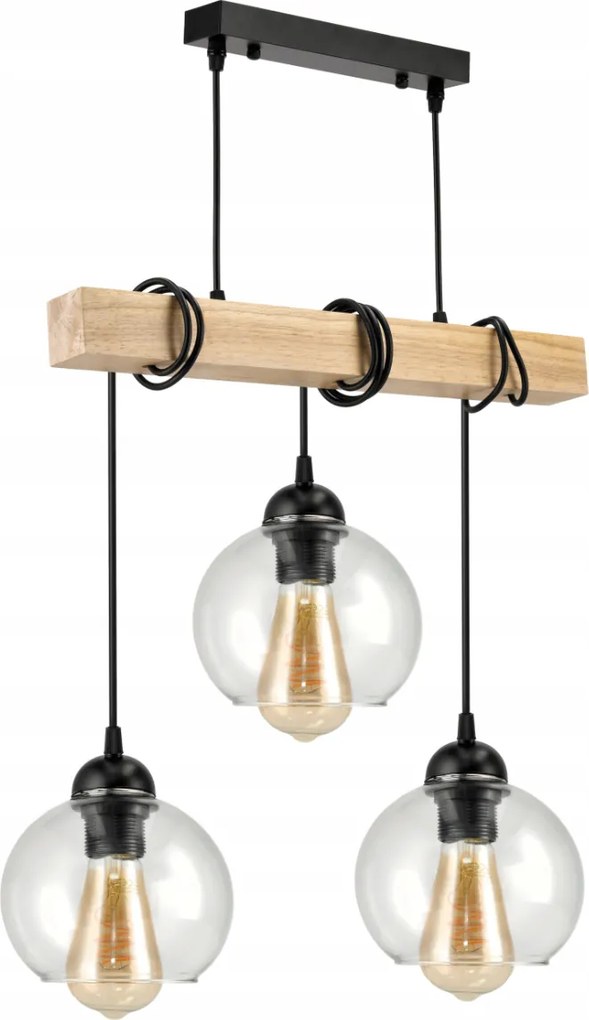 BERGE LED závesné stropné svietidlo, drevený trám, 3xE27, Luster, guľa, bezfarebný