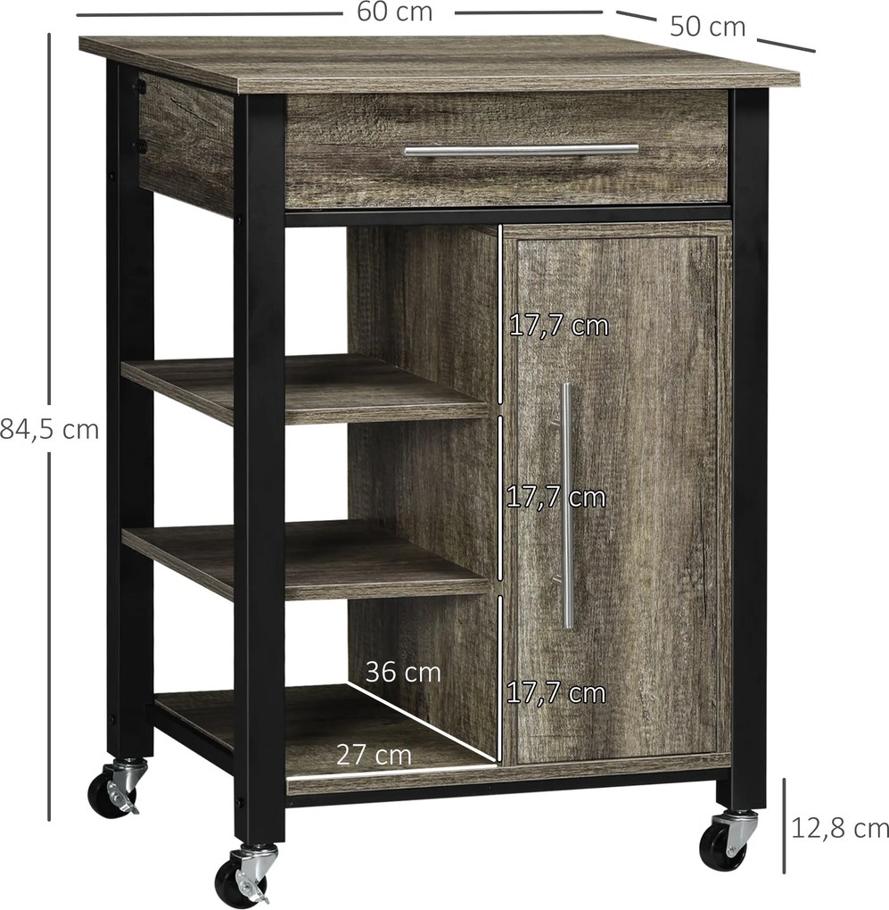 HOMCOM Kuchynský vozík s zásuvkou a kolesami - 60 x 50 x 84,5 cm - Čierny a dubový efekt | Aosom