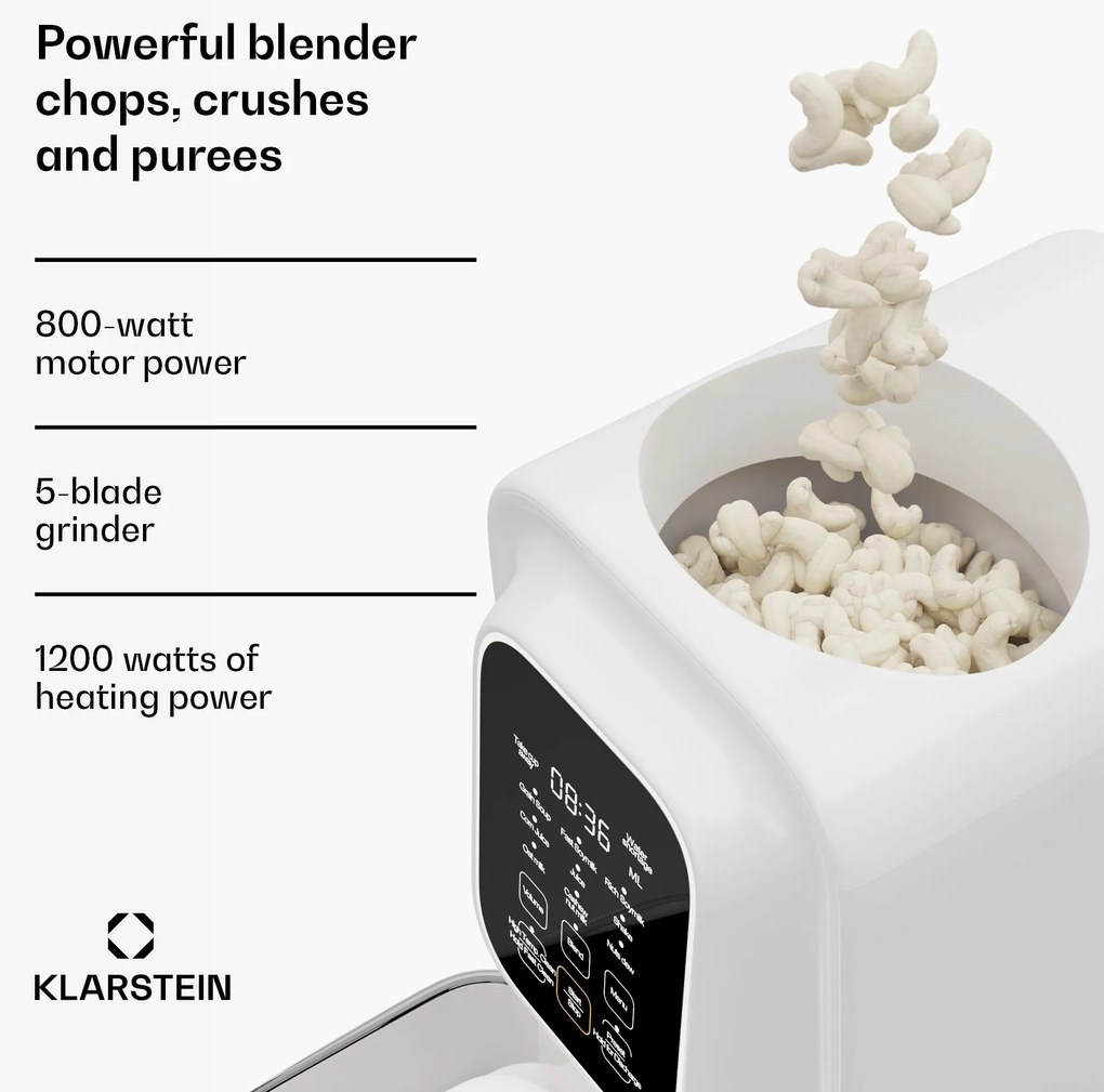 Klarstein Loire 4 v 1, výrobník vegánskych nápojov, 800/1200 W, 1200 ml, dotykové ovládanie, odnímateľný zásobník na vodu