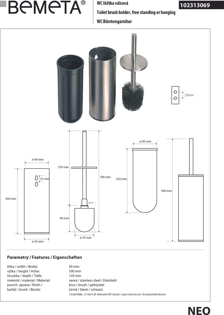 Bemeta Design NEO: WC kefa, na postavenie/zavesenie, nerez, plast - 102313069