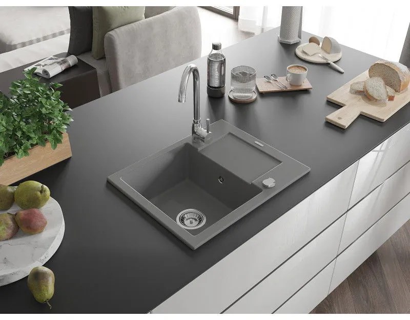 Mexen Enzo, 1-komorový granitový drez s odkvapkávačom 58x47 cm a kuchynskou batériou Telma, šedá, 6506-71-670200-00