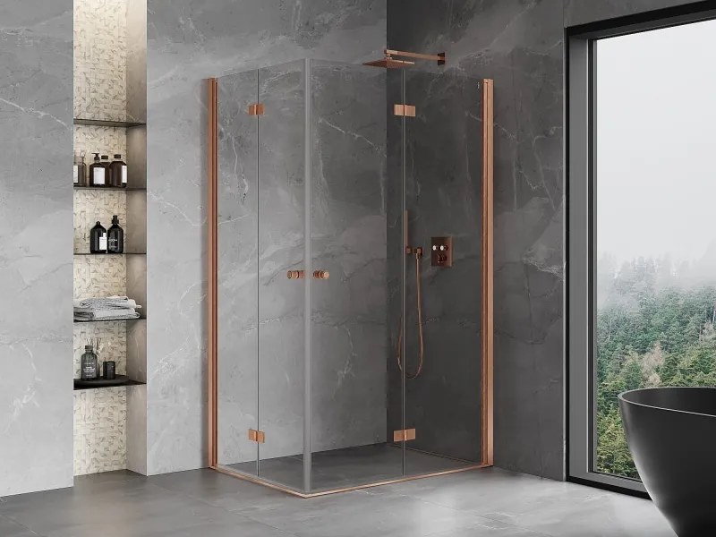Mexen Mist-F Duo, skladací sprchový kút 75 x 85 cm, priehľadný, brúsená meď - 8A6-075L-085P-65-00