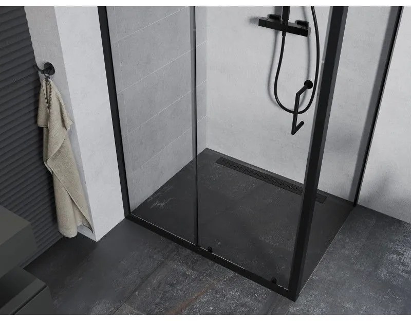 Mexen Apia, sprchový kút s posuvnými dverami 135 (dvere) x 100 (stena) cm, 6mm číre sklo, čierny profil + biela sprchová vanička SLIM, 840-135-100-70-00
