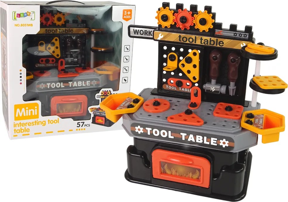 LEAN Toys Dielňa – stolík pre malého kutilka – náradie, 57 dielov