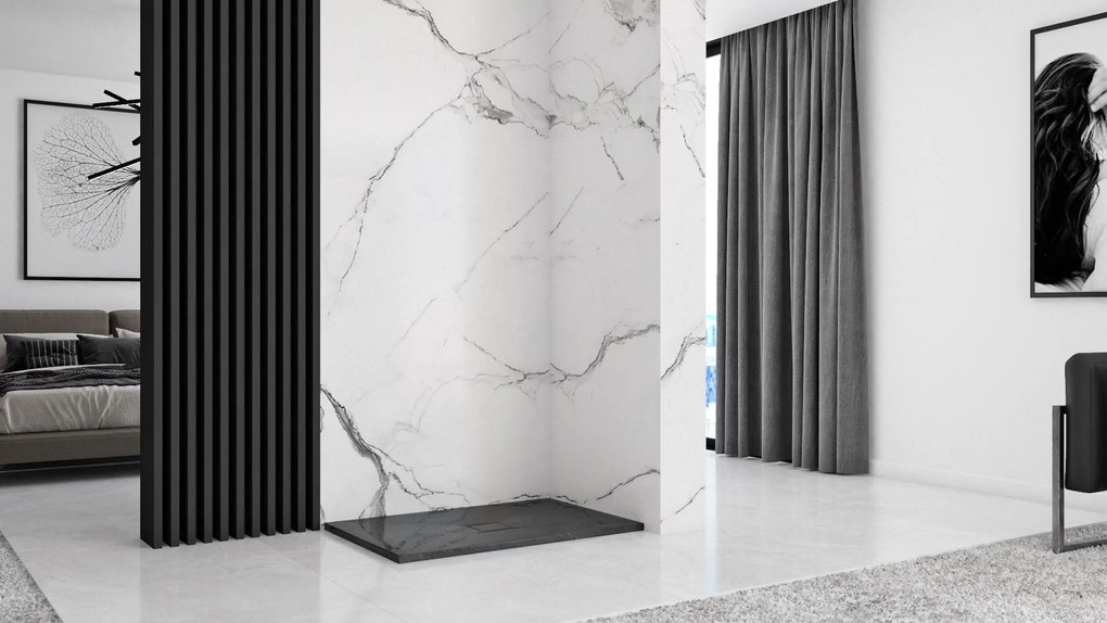 Rea Black Stone, sprchová vanička z minerálneho kameňa 120x90x3,5 cm + sifón, čierna, REA-K9603