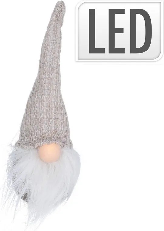 Závesný vianočný škriatok s LED – svetlosivý 19 cm