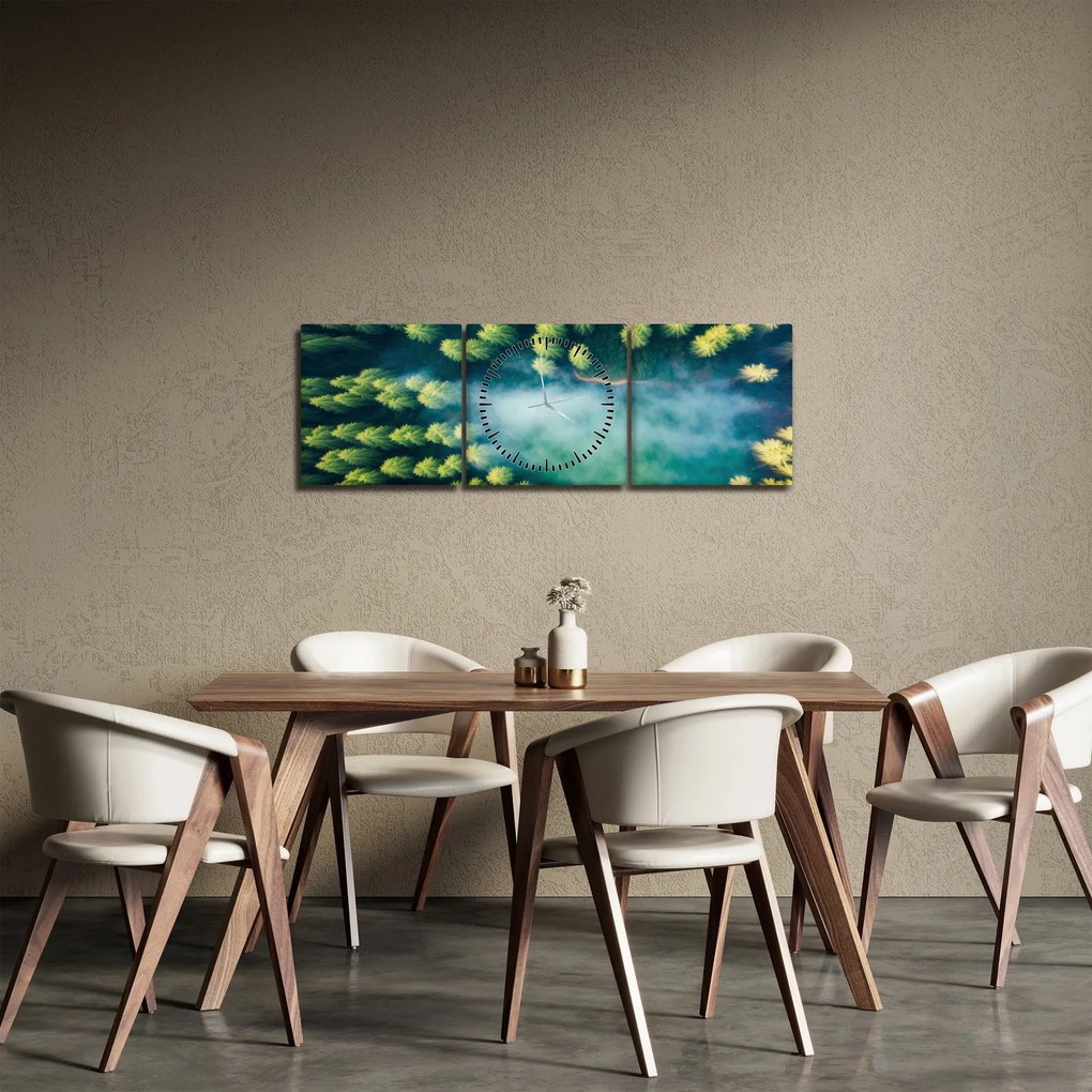 Obraz - Hmlou zahalený les (s hodinami) (90x30 cm)