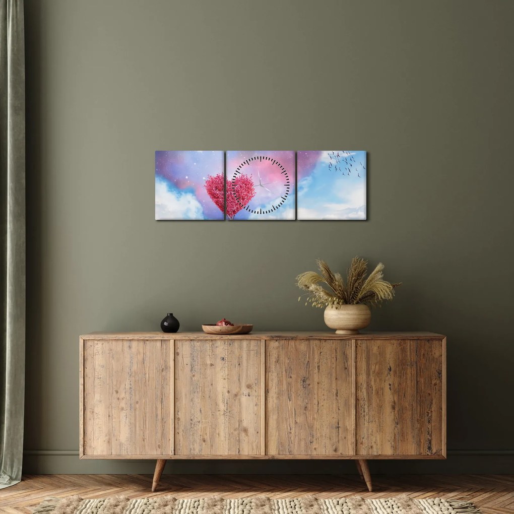 Obraz - Ružový strom srdca (s hodinami) (90x30 cm)