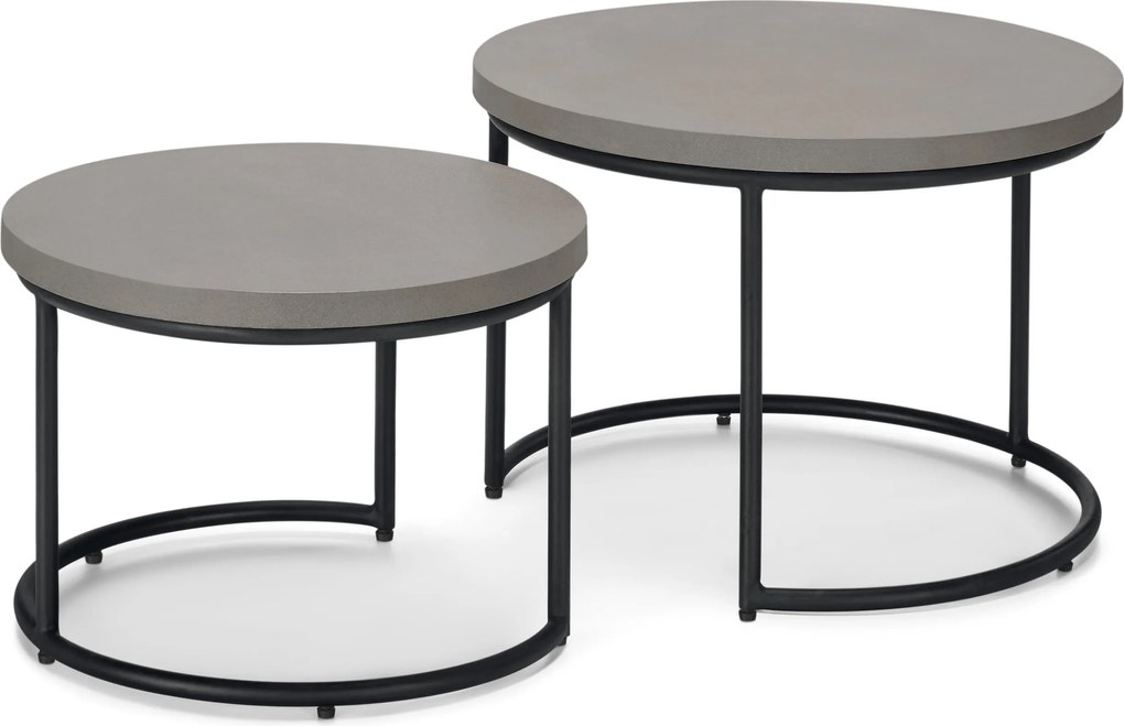 2 záhradné konferenčné stolíky s polycementovou doskou, priemer cca 50 cm a 60 cm