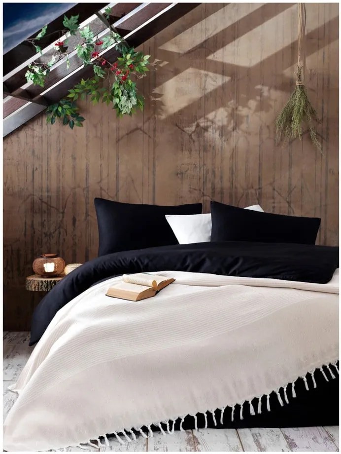 Svetlobéžový bavlnený pléd na posteľ Galina Beige White, 220 × 240 cm