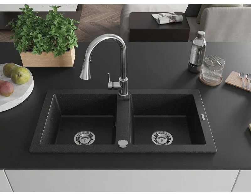 Mexen Mario, 2-komorový granitový drez 820x436x161 mm a drezová batéria Elia, čierna-strieborná metalíza, 6504-73-670101-00