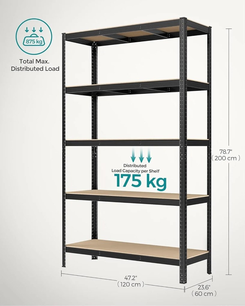 Regál s vysokou nosnosťou, 5 úrovní kovová polica 200 x 120 x 60 cm, čierna